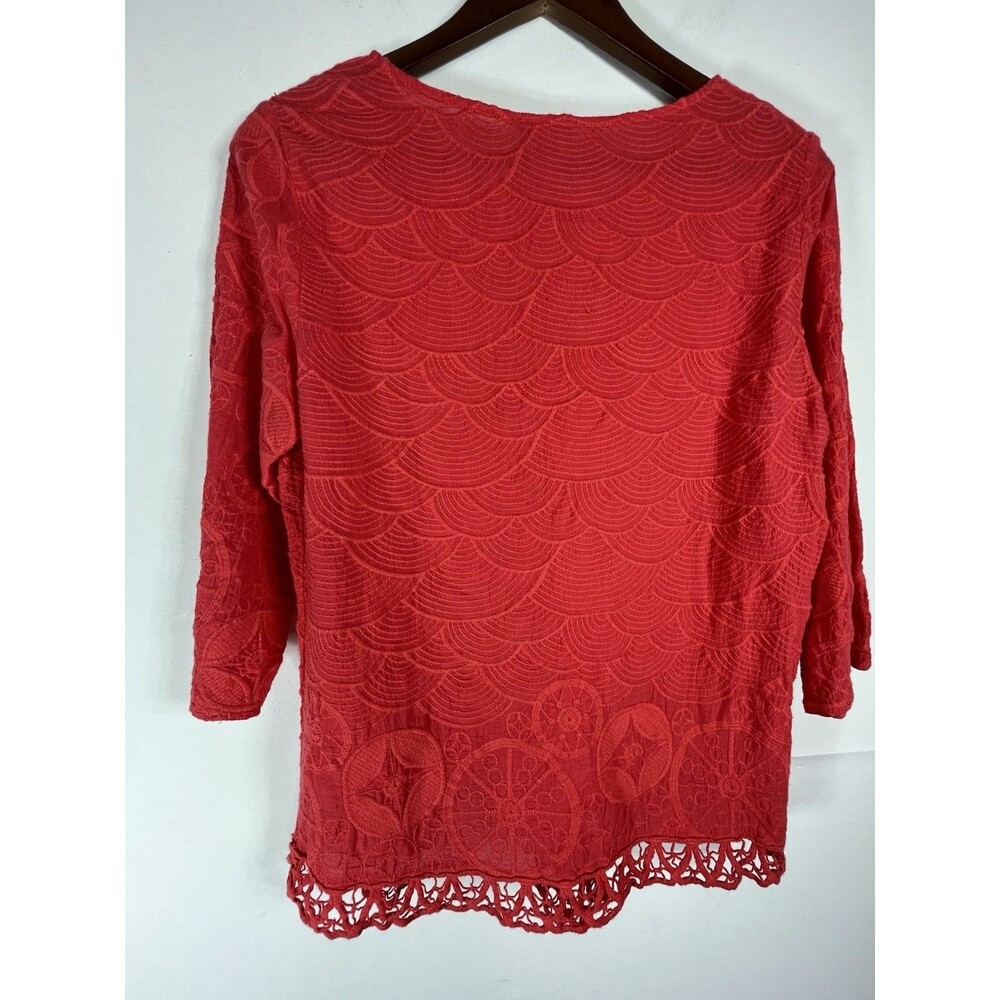 Chicos sz 2 L Eyelet lace 3/4 sleeve coral blouse top - Picture 6 of 8